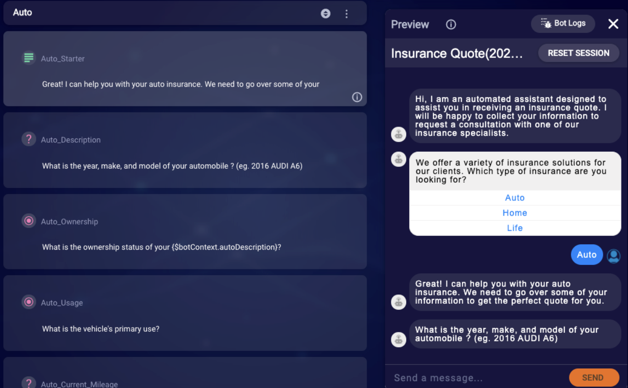 The Auto dialog in a bot created from the Insurance Quote bot template
