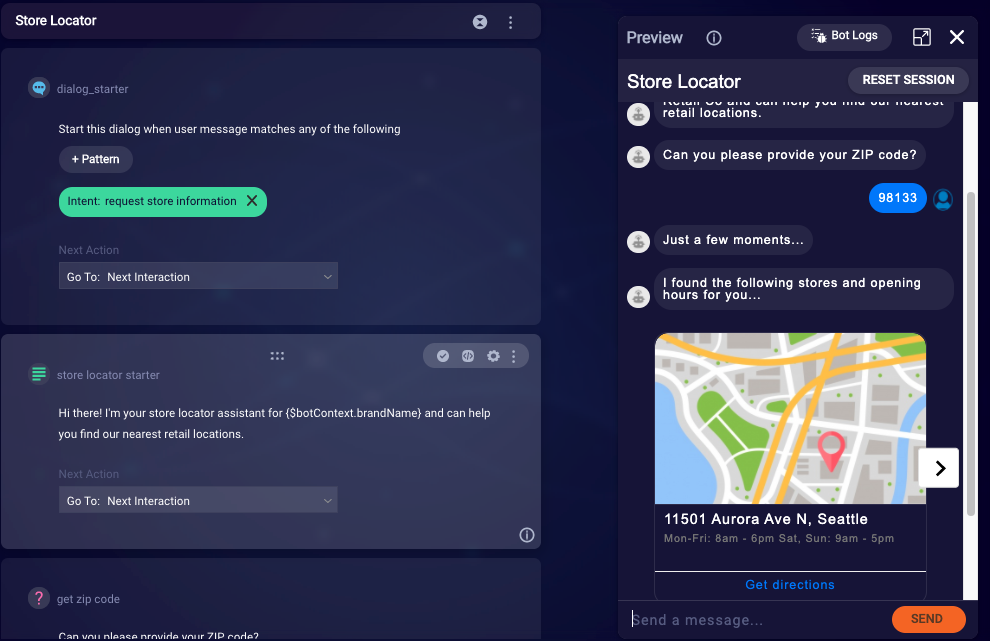 The Store Locator dialog in a bot created from the Store Locator bot template
