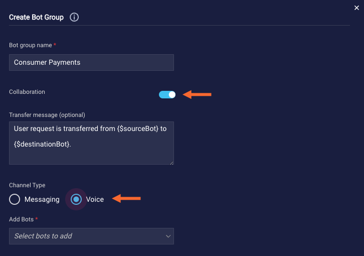 A bot group with the Collaboration setting enabled and Voice selected as the channel type