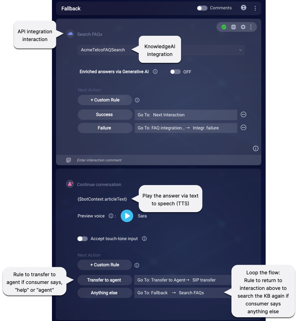 An example of using an Integration interaction in a bot, where that interaction searches a specified knowledge base. After the Integration interaction, there's a Speech question that plays the answer and then either performs another search if the consumer says something, or transfers the call to an agent if the consumer says a word like help or agent