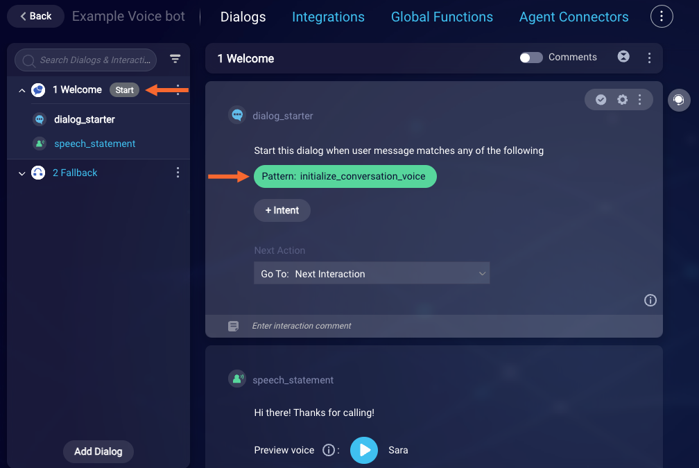 The Start badge and initialize underscore conversation underscore voice pattern in the dialog starter in the Welcome dialog, both shown to emphasize the relationship