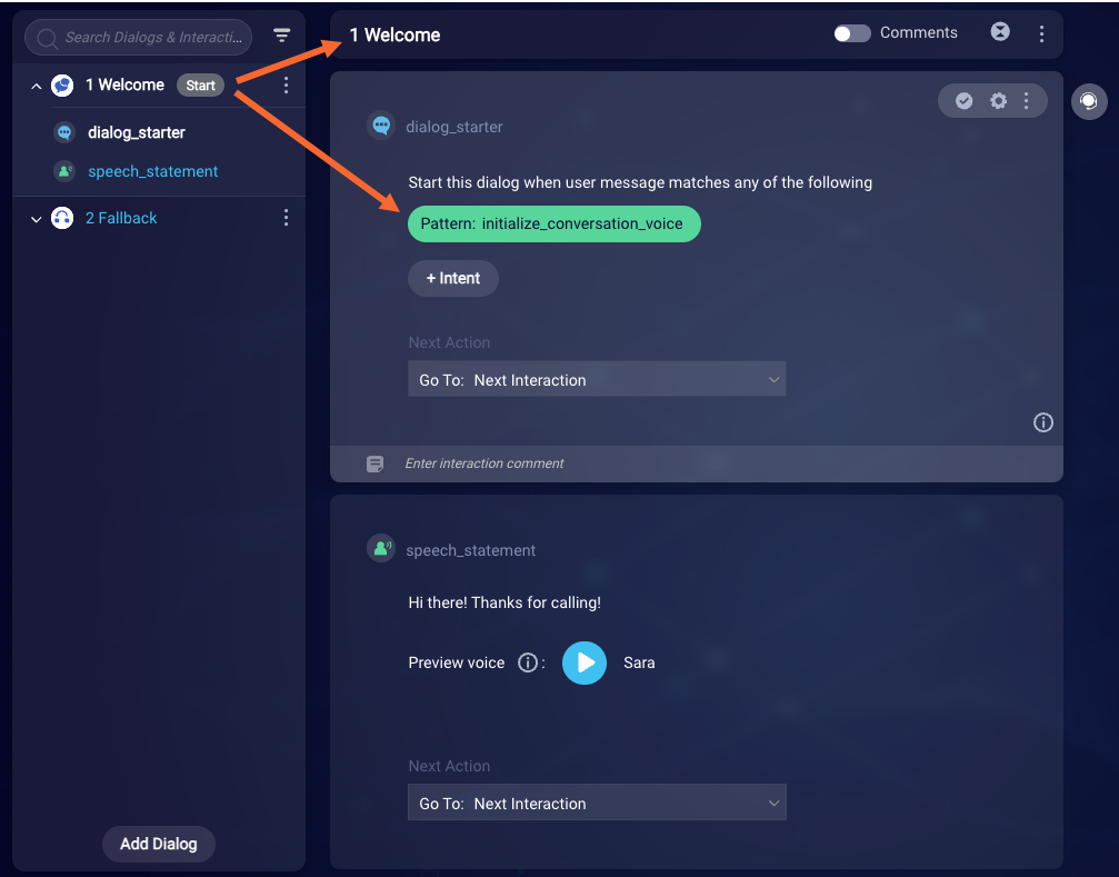 The initialize underscore conversation underscore voice pattern in the dialog starter in the Welcome dialog