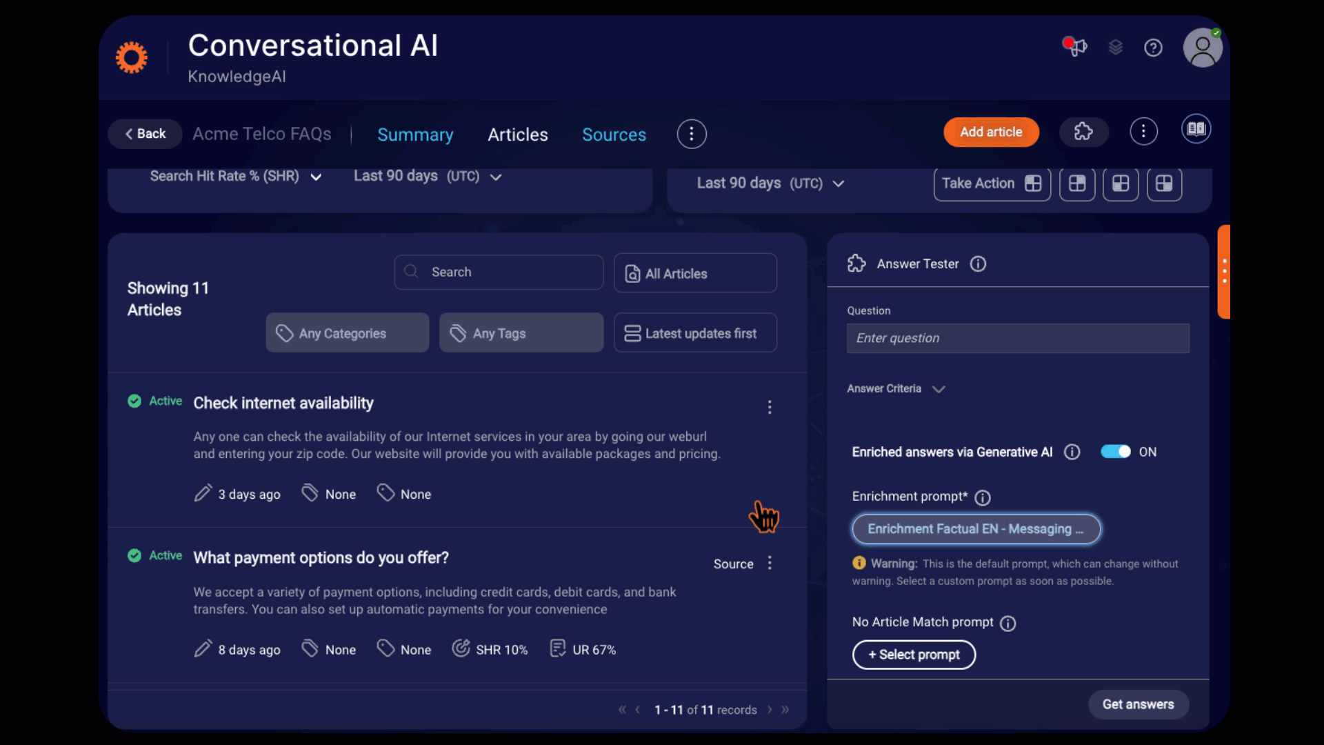 Clicking the Enrichment prompt in the Answer Tester tool, which opens the Prompt Library