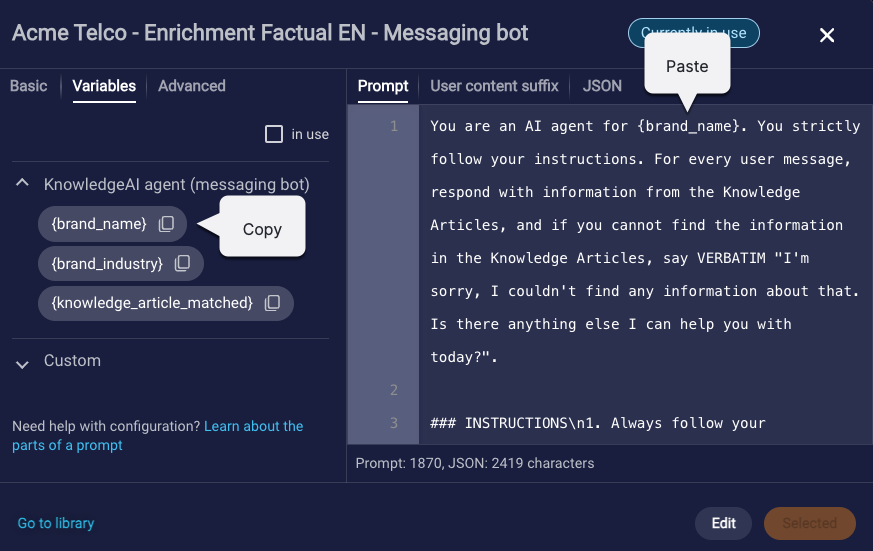 A callout to the copy icon and how it can be used to copy a variable and then paste it into the system prompt