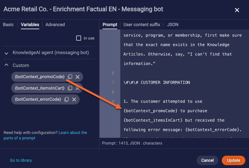 A callout to the custom variables in a prompt