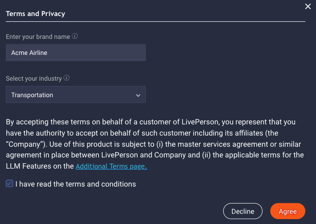 The window for accessing the terms and conditions to review