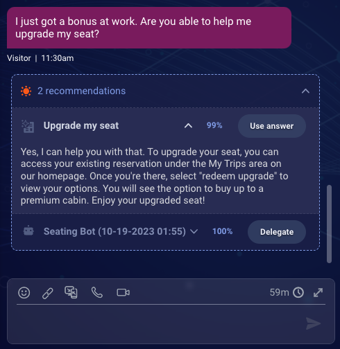 The conversation as it appears after asking about seat upgrade, which triggers two inline recommendations, a bot and an answer
