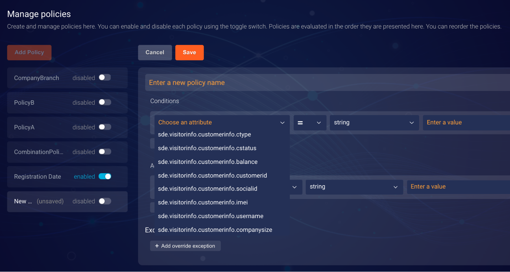 Selecting an attribute for a new condition in a new policy