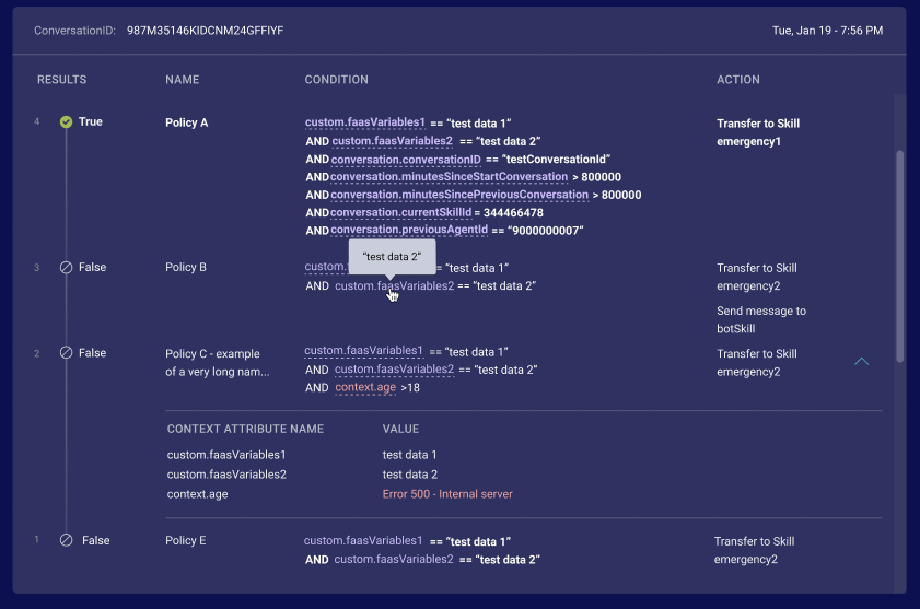 A tooltip that shows the value of a context variable passed during policy execution