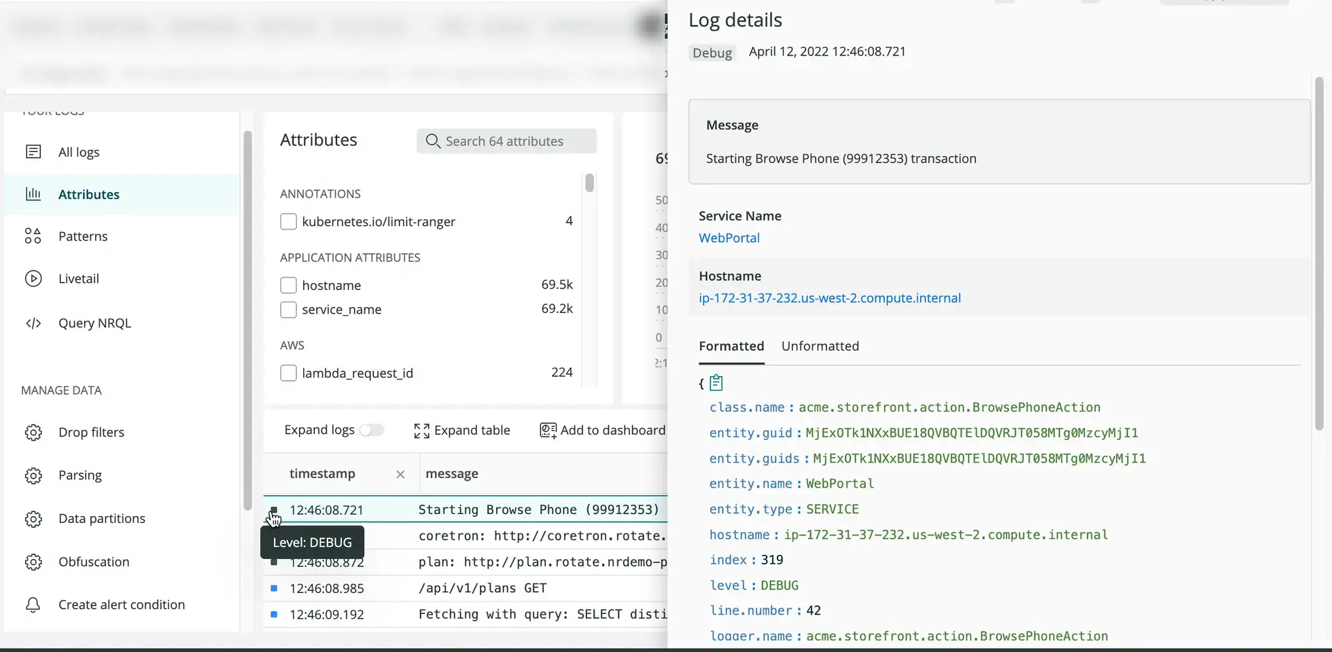 Screenshot of Log details UI including severity level