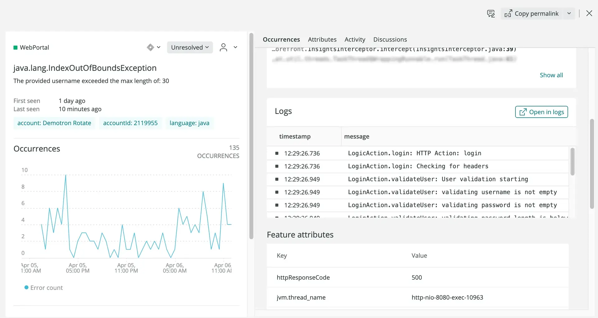 Screenshot of APM errors inbox UI with logs