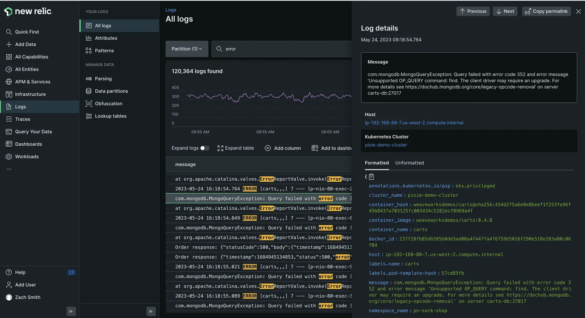 Screenshot of logs UI with details