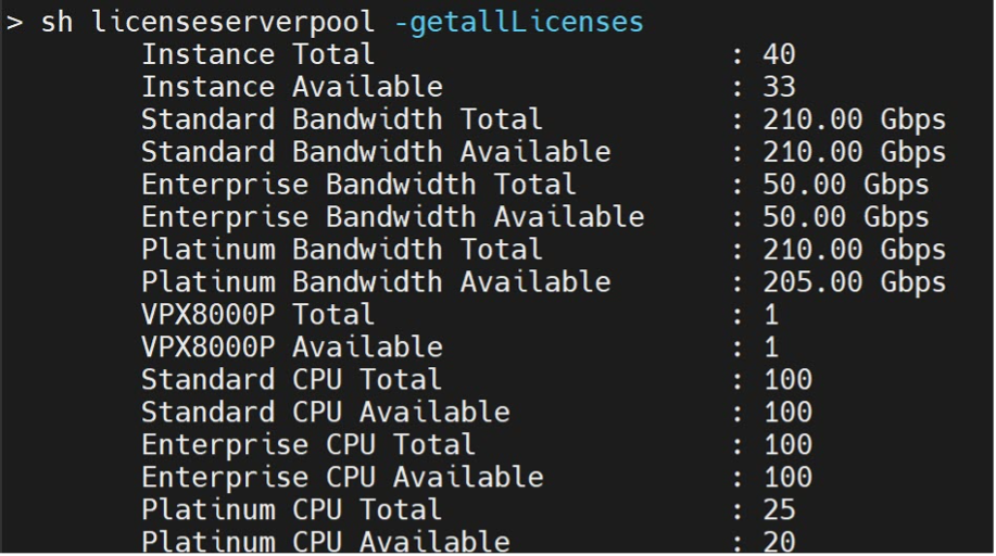 `show ns licenseserverpool -getallLicenses` salida de comando