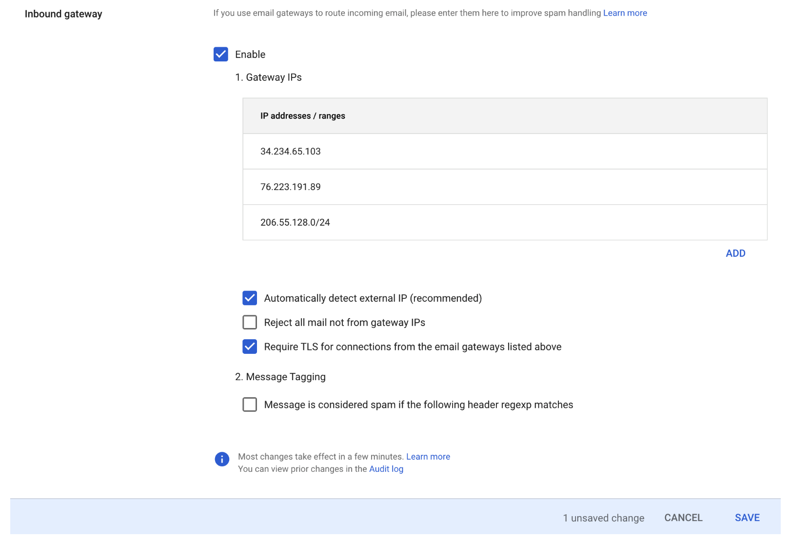 Enable Inbound gateway, and configure it with details.