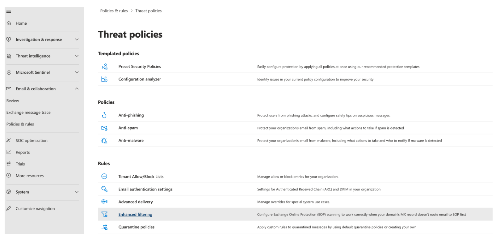 Select Enhanced filtering under Rules within Threat polices.