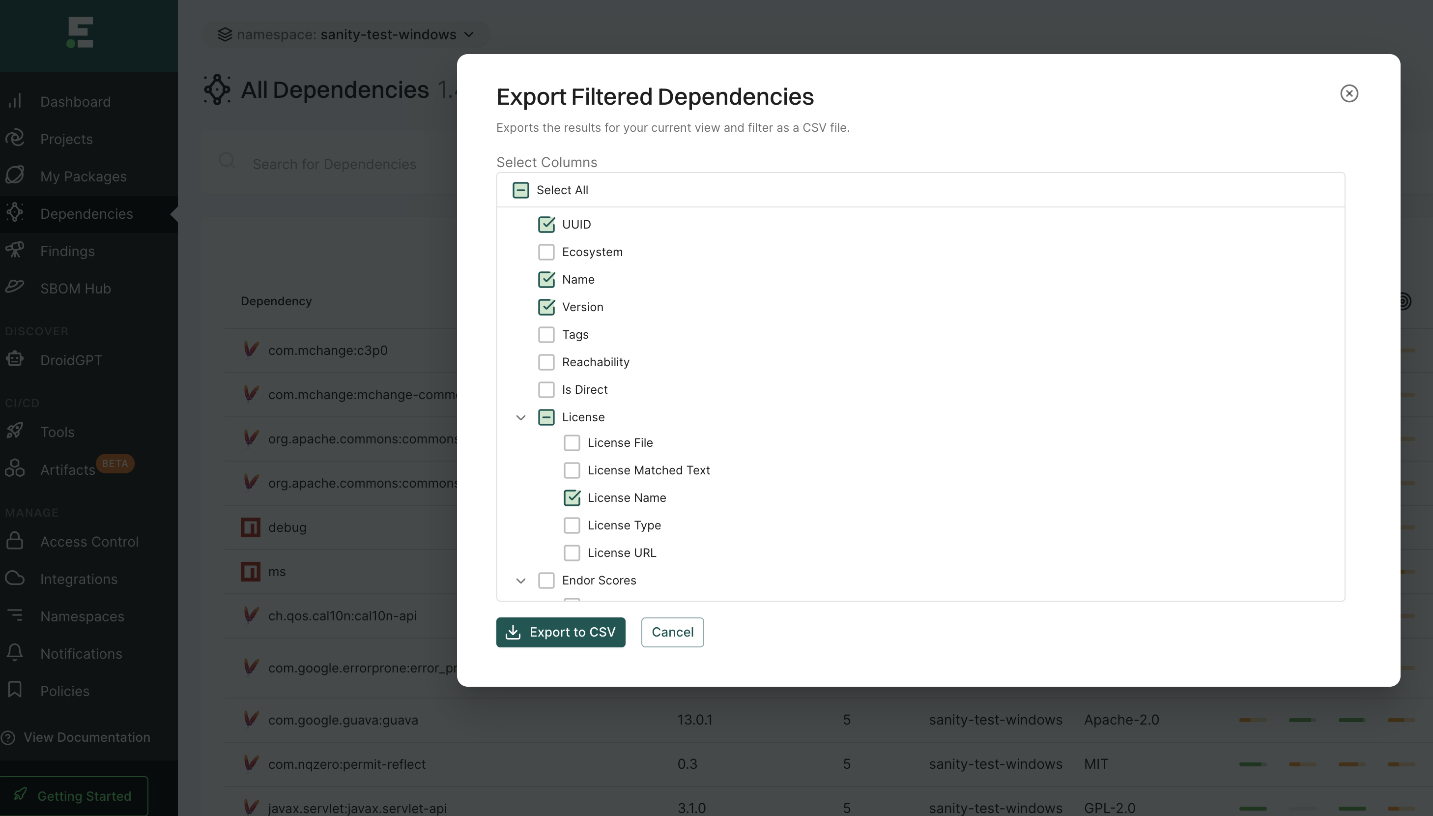 Export dependencies