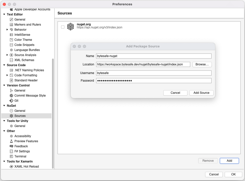 Add private NuGet source in Visual Studio (Mac)