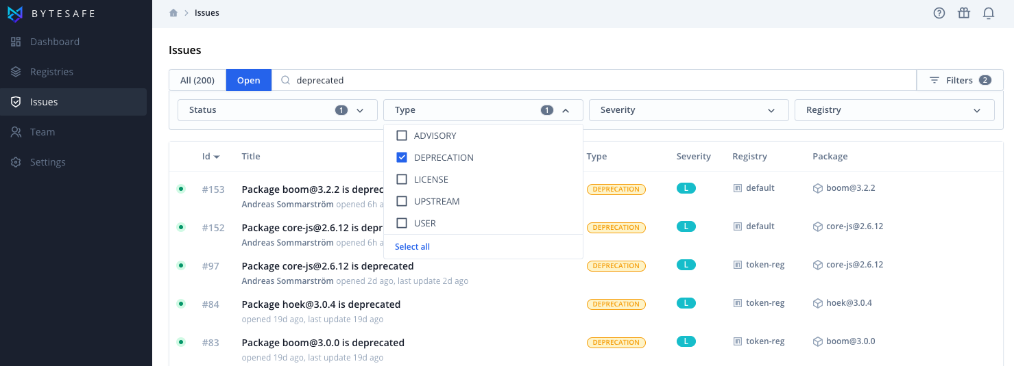 deprecated packages issue filtering