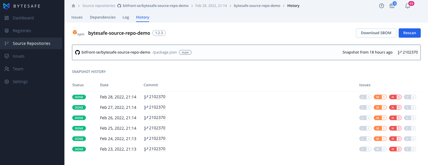 Snapshot history for a source repository component