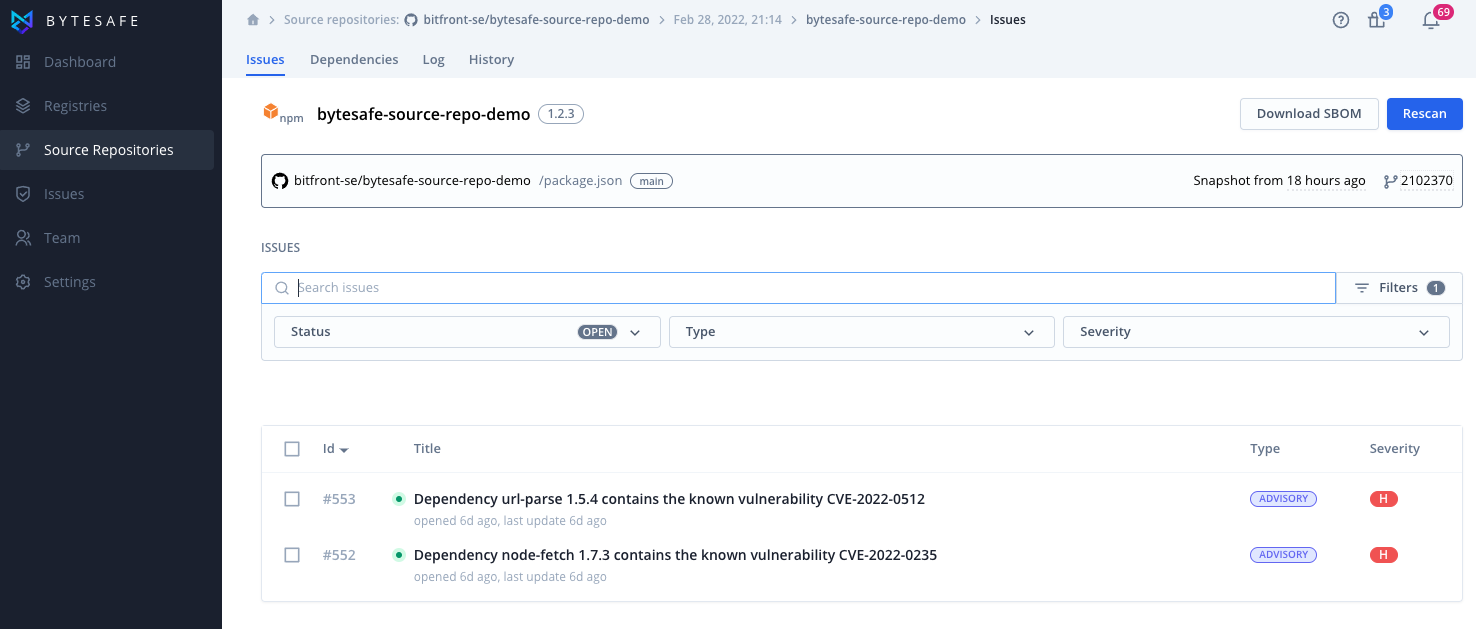 issues for a source repository component