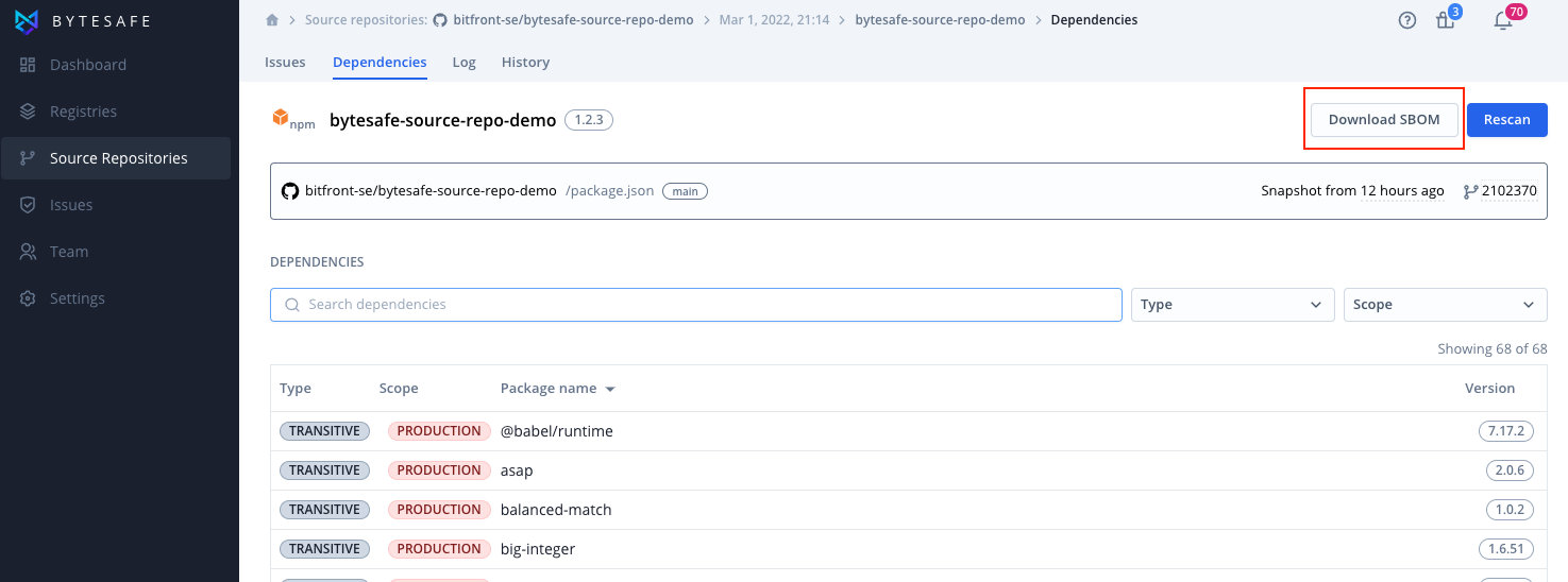 download sbom json file for a component from Bytesafe