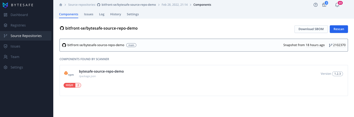 components identified by the source repository scanner in Bytesafe