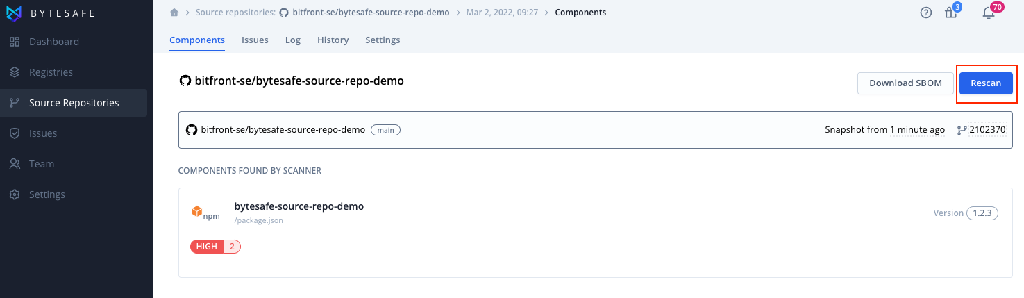 Trigger source repository scan manually in Bytesafe