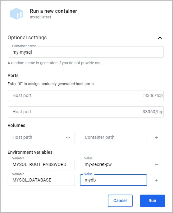 The optional settings screen with the options specified.