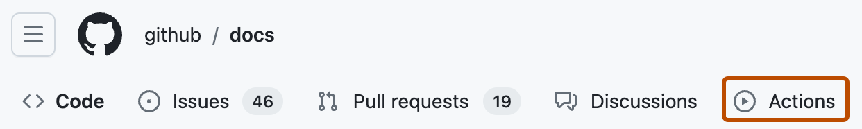 Screenshot of the tabs for the "github/docs" repository. The "Actions" tab is highlighted with an orange outline.