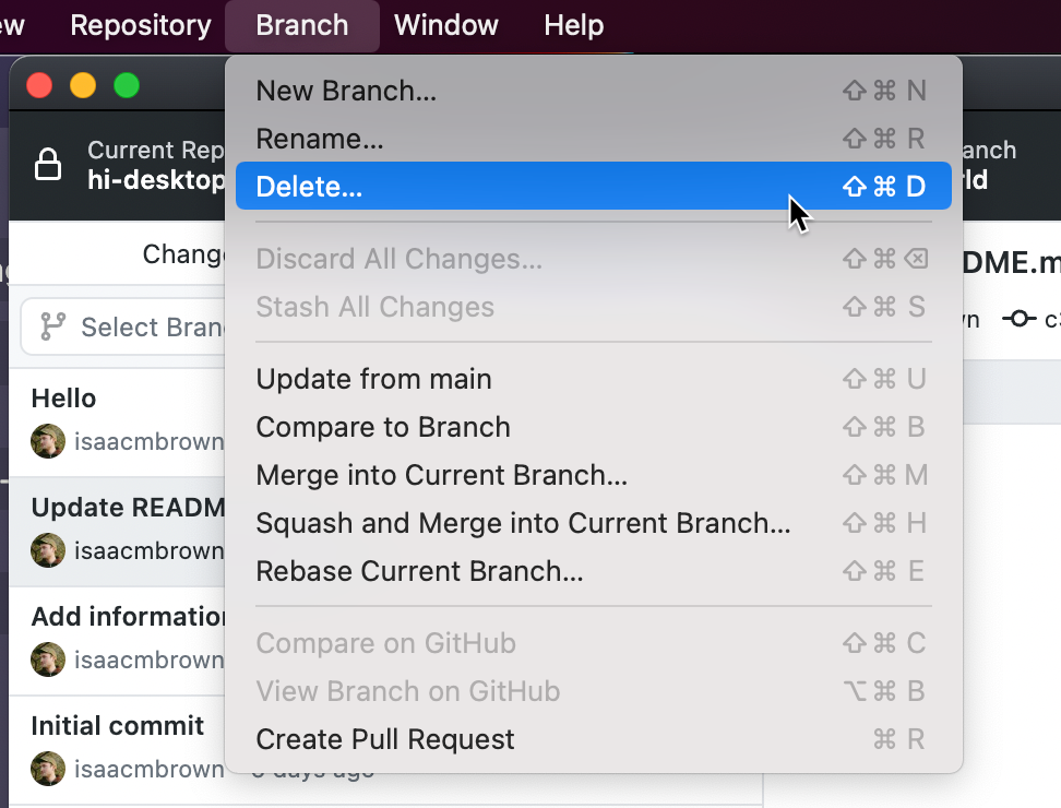 Screenshot of the menu bar on a Mac. In the expanded "Branch" dropdown menu, the cursor hovers over the "Delete" option, highlighted in blue.