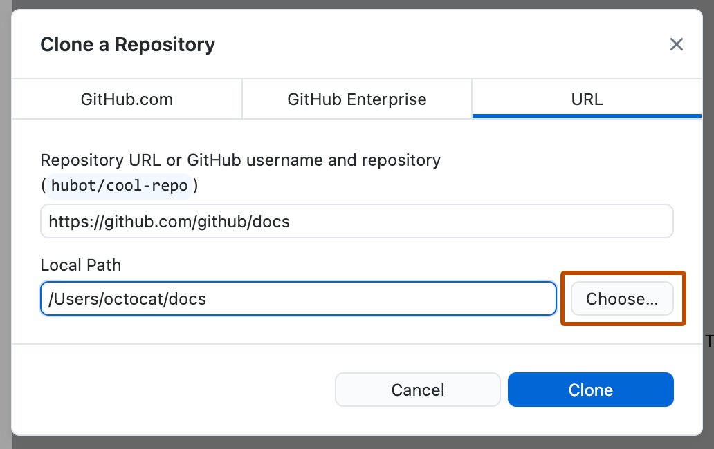 Screenshot of the "URL" tab of the "Clone a Repository" window. Next to the "Local Path" field, a button, labeled "Choose", is highlighted with an orange outline.