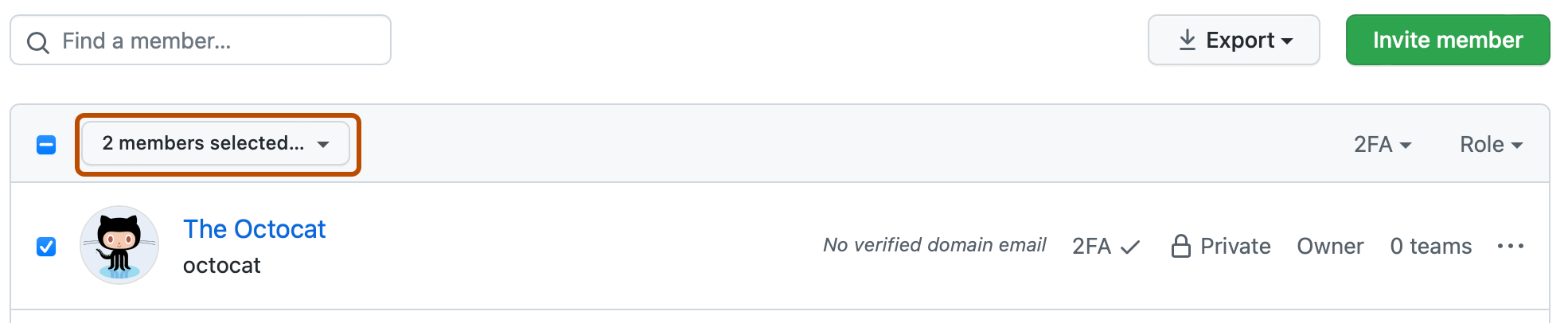 Screenshot of the list of organization members. Above the list, a dropdown menu, labeled "2 members selected..." is outlined in dark orange.