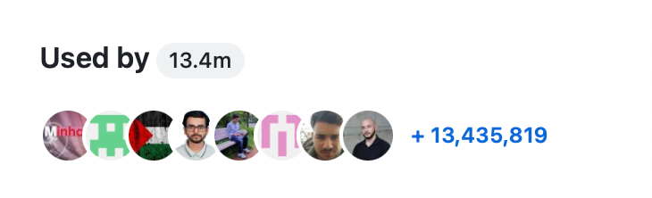 Screenshot of the "Used by" section for a repository. To the right of the "Used by" header is "13.4m." Under the header are 8 avatars and "+13,435,819."