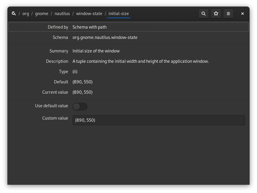 a screenshot of dconf Editor showing the initial-size settings for the file manager