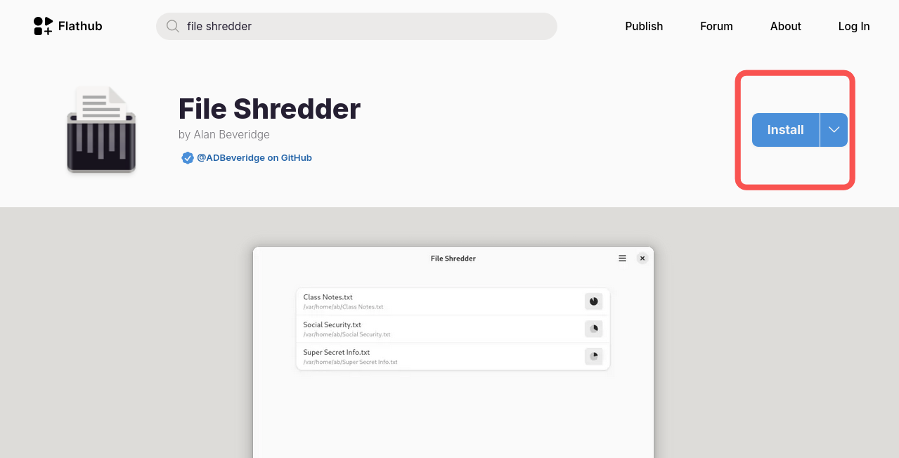 Screenshot of the File Shredder app page on FlatHub, showing the blue install button being highlighted by a red rectangle