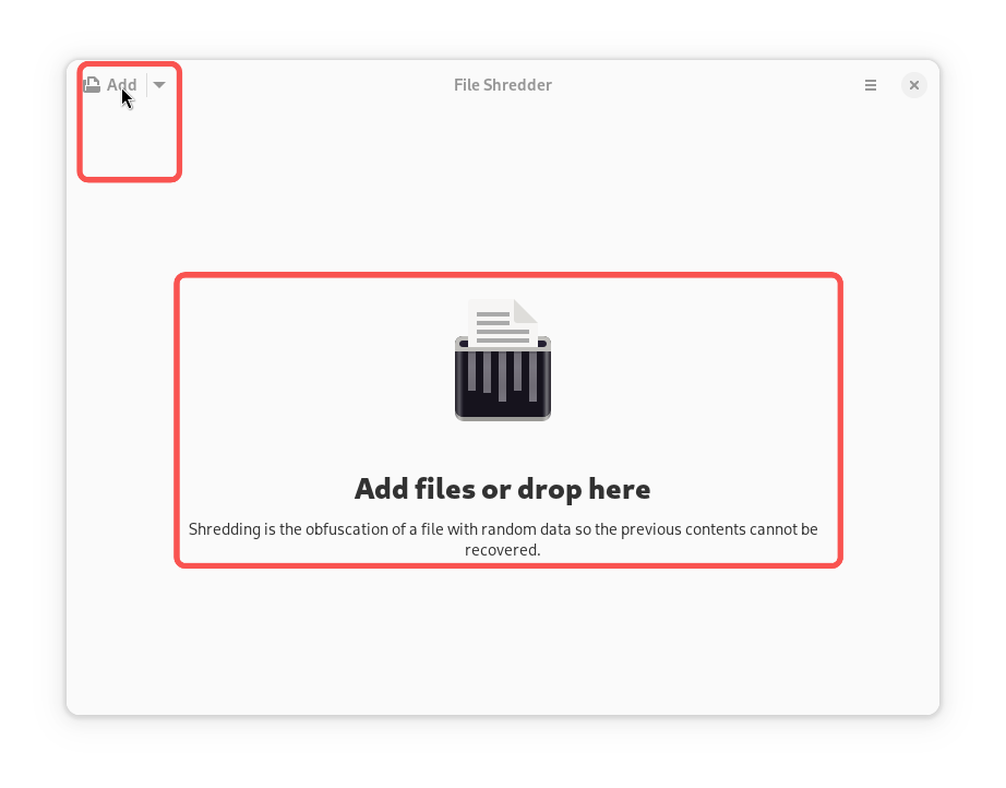 Screenshot of the File Shredder homepage, showing the add drop-down menu and drop here button being highlighted by red rectangles