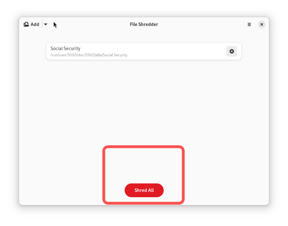 Screenshot of a file named Social Security appearing on top. At the bottom, there is a red button with the phrase Shred All written in white font and surrounded by a red rectangle