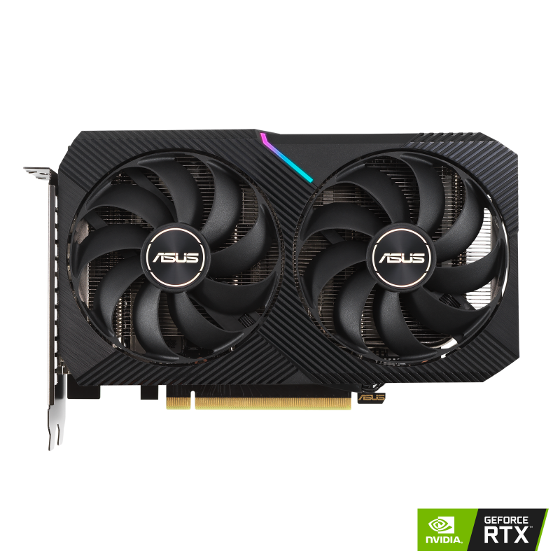 DUAL GeForce RTX™ 3060 Ti V2 MINI graphics card with NVIDIA logo, front view