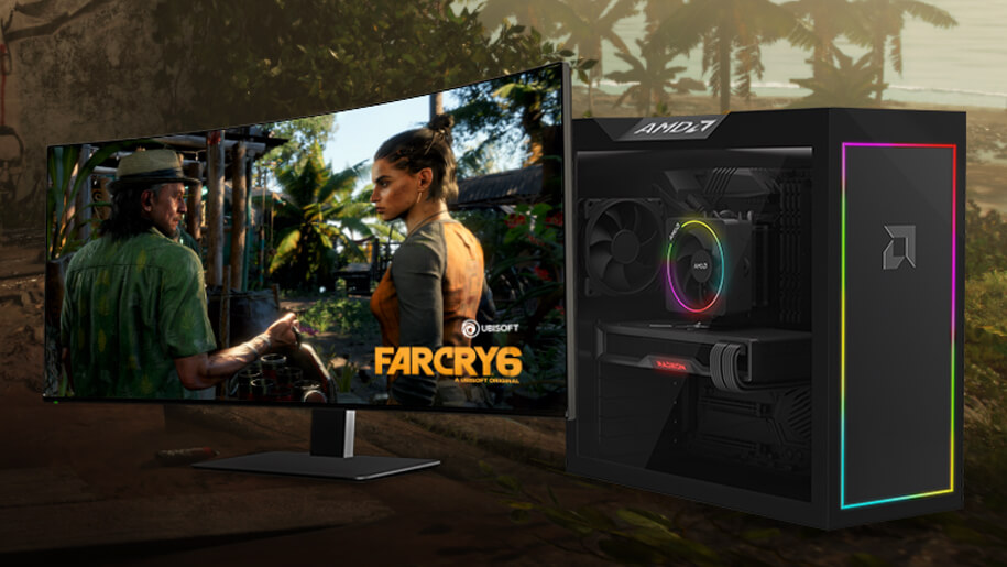 A PC setup with monitor showcasing scene from Far Cry 6 video game