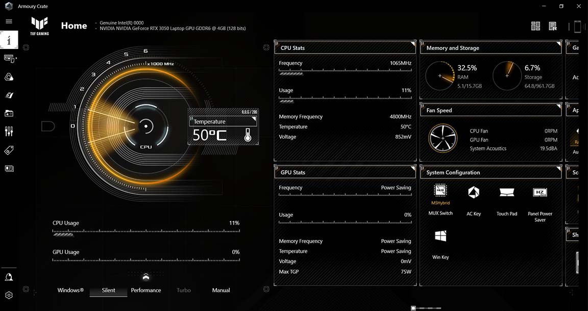 A imagem da interface do software Armoury Crate que mostra a utilização do CPU e do GPU