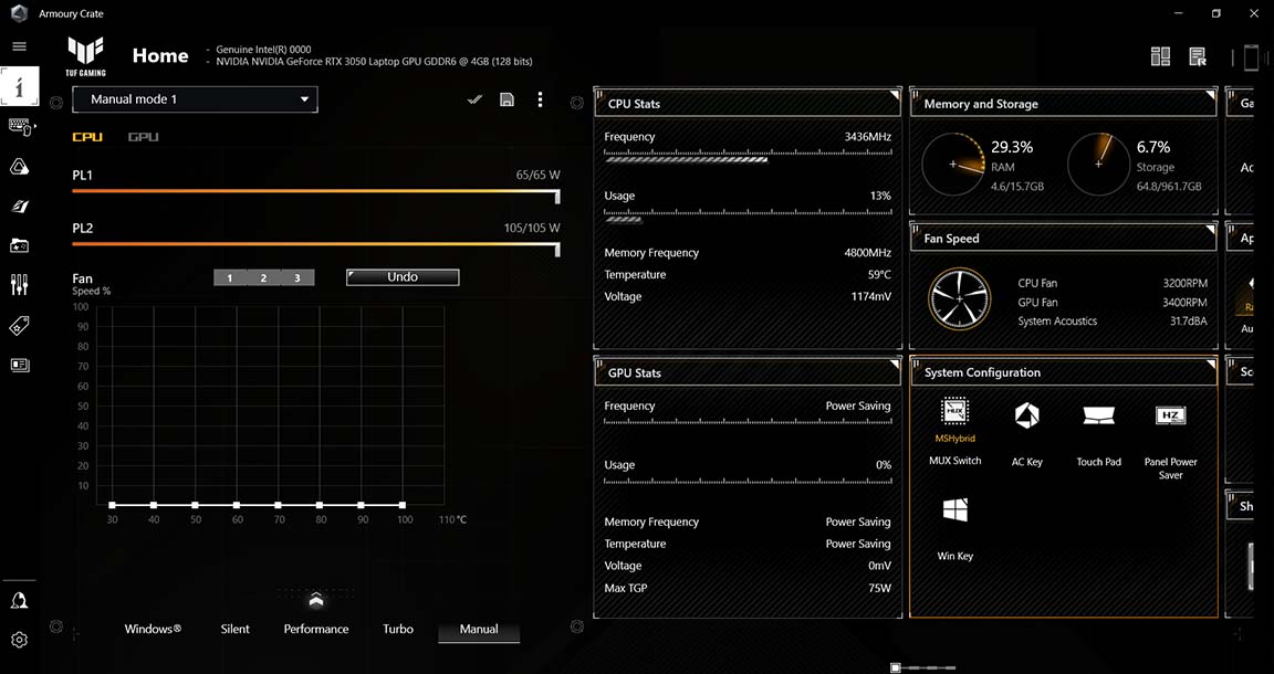 A imagem da interface do software Armoury Crate que mostra o modo manual