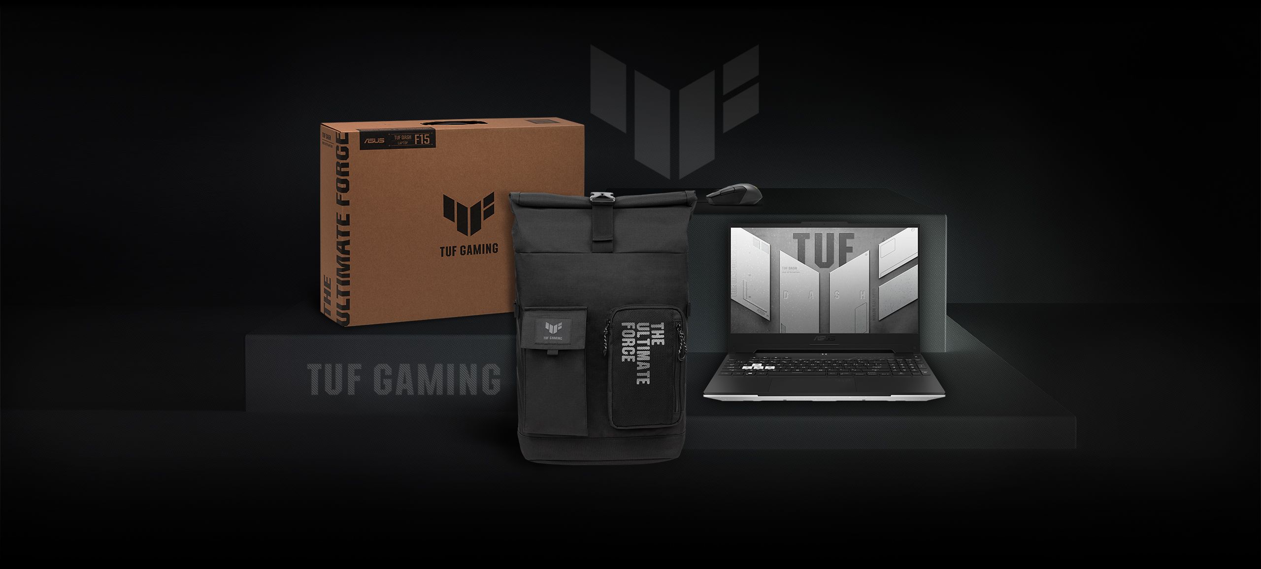 A imagem mostra a caixa TUF, a mochila TUF e o rato do TUF Gaming M5 na secção conjunto.