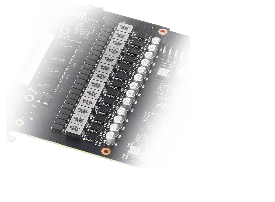 Graphics card circuit board closeup highlighting power delivery component layout