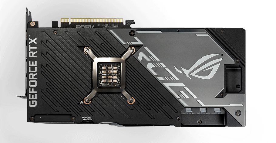 ROG STRIX LC GEFORCE RTX 3080 TI OC EDITION top view showing vented backplate and shortened circuit board