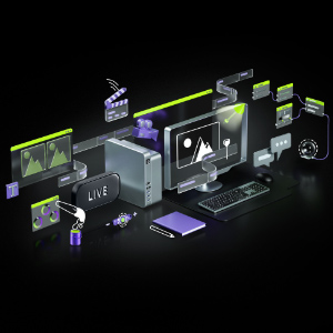 There are many GeForce RTX 30 Series GPUs, computers and some Internet related tools animated on screen