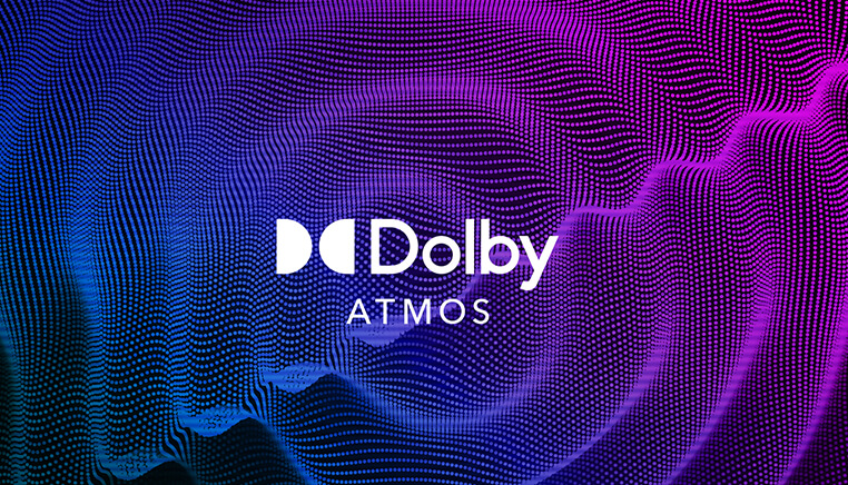 The Dolby Atmos icon in front of purple sound waves.