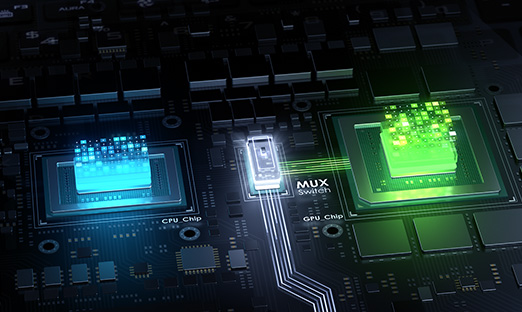 3D rendering of a CPU, GPU, and MUX Switch routing the video signal to the display.