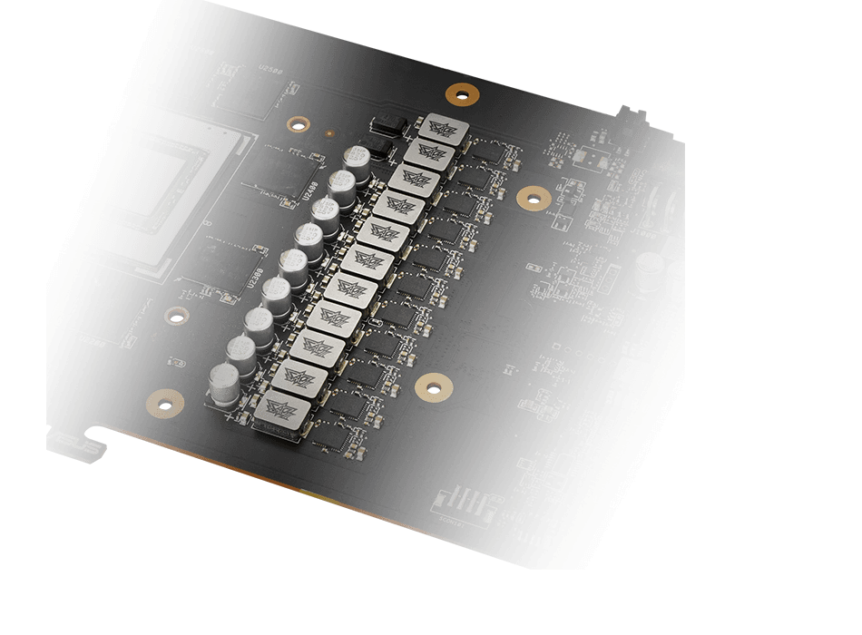 Graphics card circuit board closeup highlighting power delivery component layout