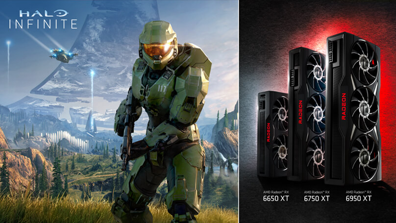 Three Radeon graphics cards stacked vertically next to artwork of Master Chief in Halo Infinite video game