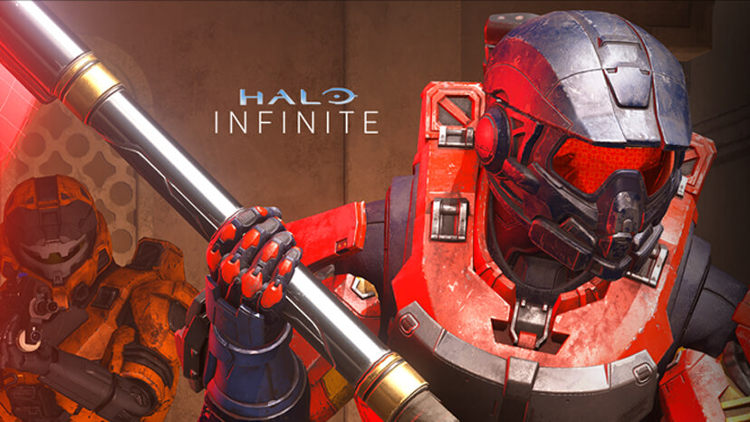 Rendered artwork from Halo Infinite video game, featuring a character holding a flagpole